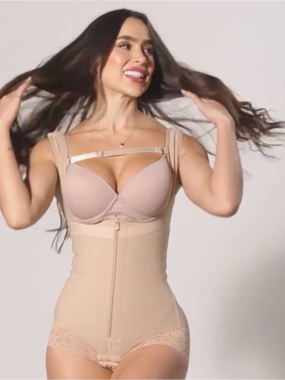 High-Waist Beige Lace-Trim Shapewear Bodysuit with Front Zipper